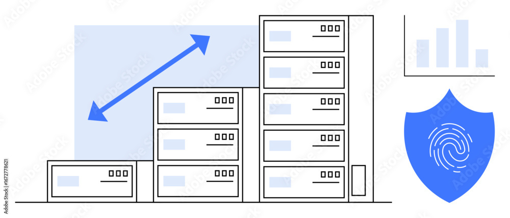 Poster increasing server stacks with growth arrow suggesting scalability, shield with fingerprint for secur