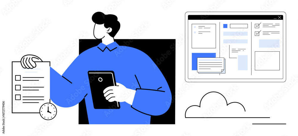 Poster person holding tablet and checklist next to online interface with tasks and notifications. ideal for