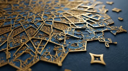 Intricate Islamic geometric pattern with interlocking stars and polygons, gold foil on deep blue background