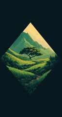 Diamond-shaped landscape art, solitary tree, hills, lush greenery