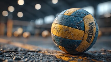 Volleyball resting on the court during practice in a sports facility with a gritty atmosphere and focused lighting