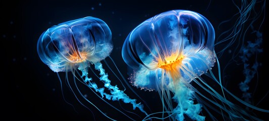 Fototapeta premium The black background contrasts sharply with the bright blue diamonds light emitted by jellyfish ,generative AI