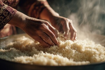 Fototapeta premium A close up of hands mixing rice