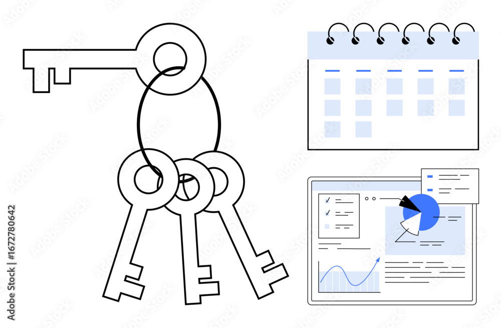 Poster keys on a ring alongside a calendar and analytics dashboard. ideal for security, access management, 