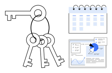 Keys on a ring alongside a calendar and analytics dashboard. Ideal for security, access management, planning, productivity, organization, scheduling, and a simple landing page