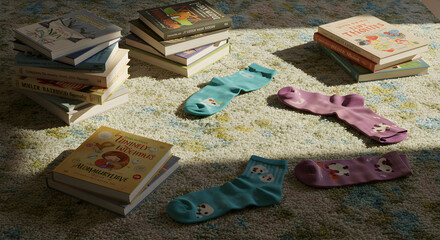 Casual books and socks scattered on a soft floor rug