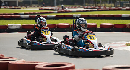 Excited boy and girl racing colorful go-karts on track