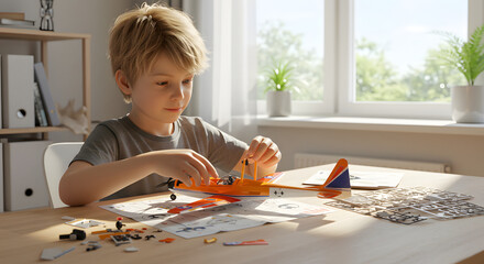 Focused boy carefully assembling a model kit at his desk