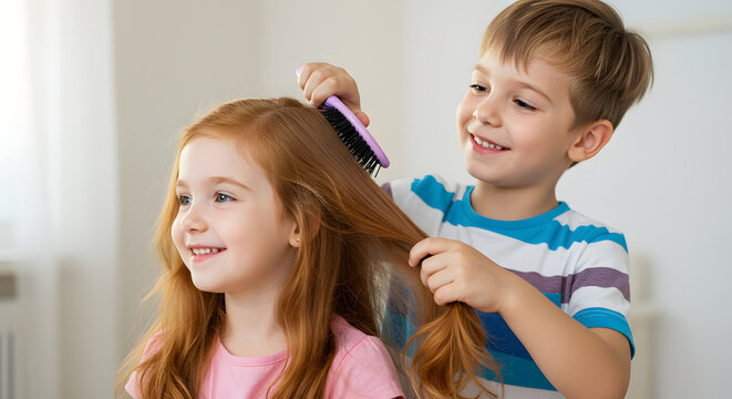 Caring boy gently brushing his younger sibling's hair