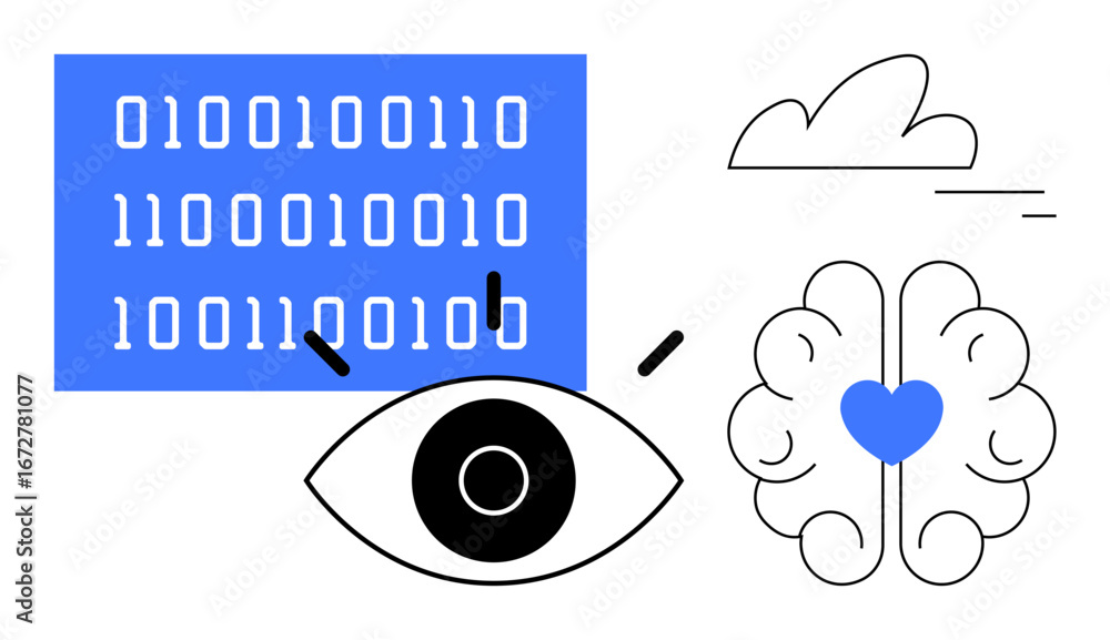 Poster binary code, an eye, and a brain with a heart inside connected with technology, ai, data analysis, c