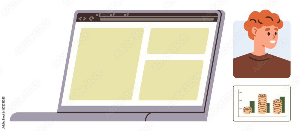 Poster open laptop screen with webpage interface, user profile image, and bar and coin chart. ideal for dig