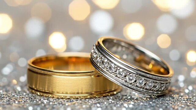 Close up of gold and silver wedding rings on a sparkling surface with bokeh lights in the background