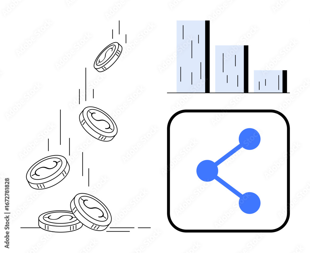 Poster falling coins emphasize wealth creation, bar graph highlights data analytics, share icon denotes net