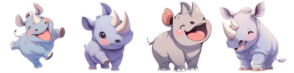 Naklejka premium Illustration Set of Adorable Cartoon Baby Rhinos Expressing Joy and Playfulness in Various Poses