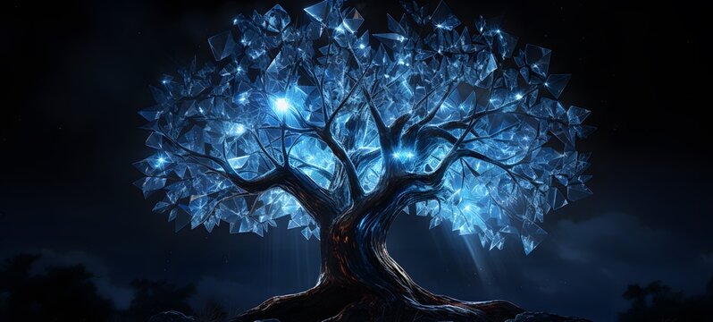 The black background contrasts sharply with the bright blue diamonds light emitted by tree ,generative AI