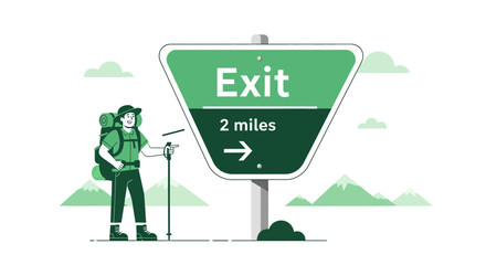 Cheerful Hiker Approaching Trail Exit Sign Near Mountains, Outdoor Adventure Ahead