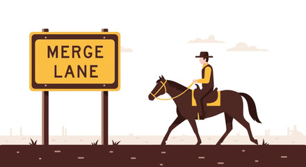 Western Rider Approaching Merge Lane Sign with Cowboy Attire and Horse Illustration