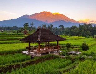 A wooden pavilion in the middle of a rice field, with a sunset and mountains in the background.