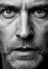 Naklejka premium Intense Close-up Portrait of a Serious Man with Beard, Black and White Photography for Dramatic Marketing Campaigns