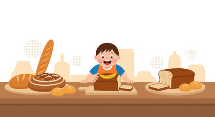 Cheerful Kid Preparing Bread With Various Loaves Display And Sliced Pieces