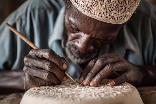 Close up of a Kofia hat embroiderer in Lamu Kenya