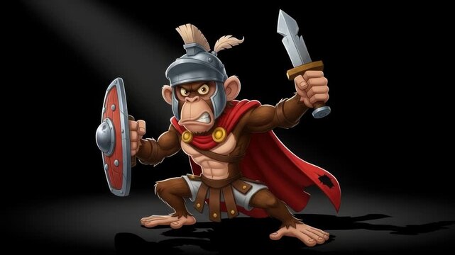 Intense Monkey Gladiator Animation: Animated primate warrior wielding sword and shield with heroic