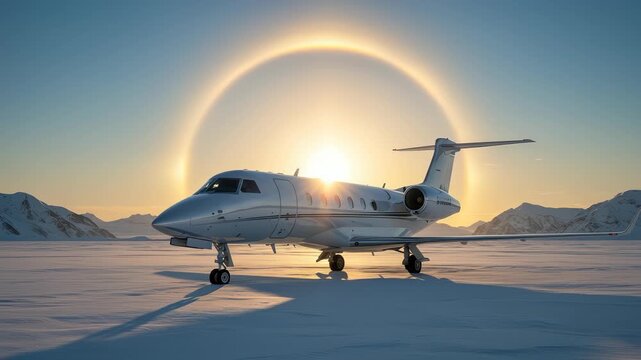 Private Jet Awaiting Departure on a Snowy Runway with Glistening Sun Halo above, a Stunning Scene