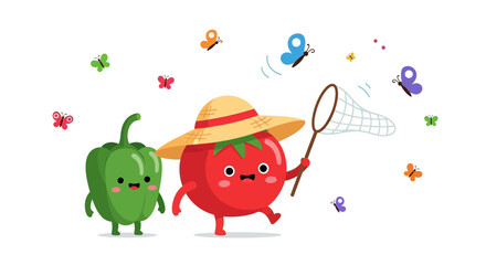 Naklejka premium Whimsical Garden Adventure: Animated Vegetables Chasing Butterflies Under Sunny Skies