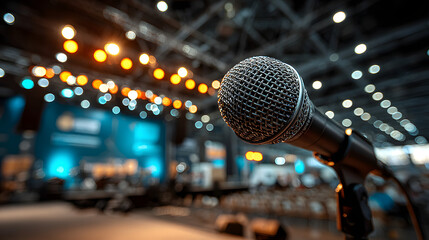 A microphone is positioned in front of a large scree, ready for a presentationor event