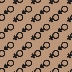 Seamless gender symbol pattern on brown background. Modern black design for wallpaper, fabric, wrapping, and stylish decoration.
