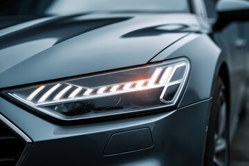 Fototapeta premium Close up of a gray car s LED headlights