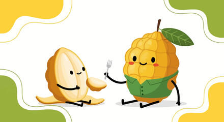 Obraz premium Whimsical Maize and Kernel Characters Sharing a Meal in Playful Illustration Style