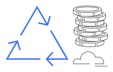 Blue recycling arrows form a triangle beside stacked coins and a cloud outline. Ideal for sustainability, economy, environment, green finance, resource management, eco-friendly business, simple flat