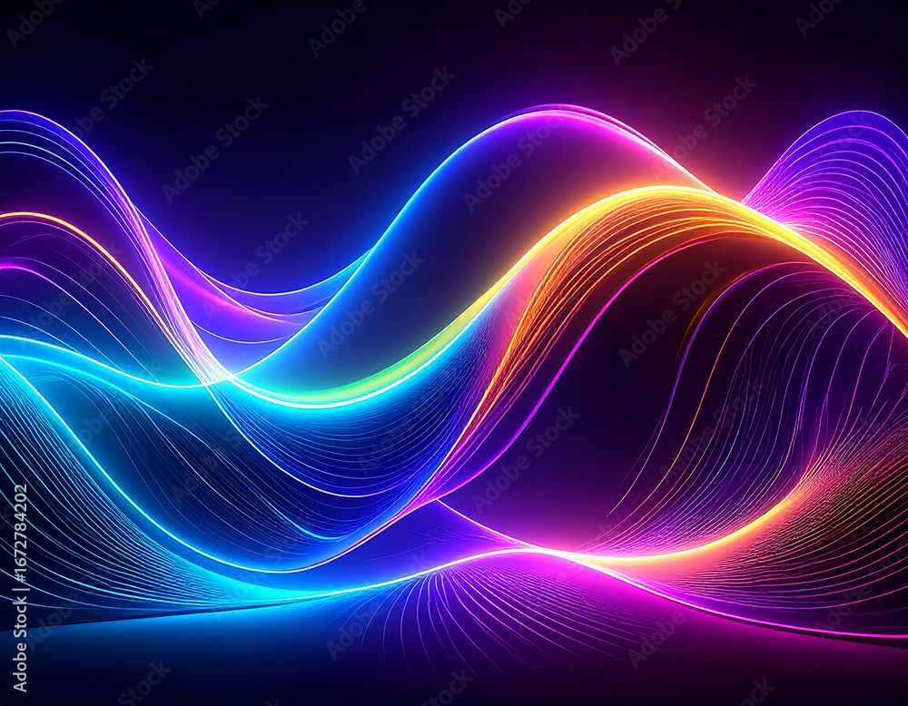 Poster abstract 3d black background bright glass colorful gradient fluid neon light wave render texture.gen
