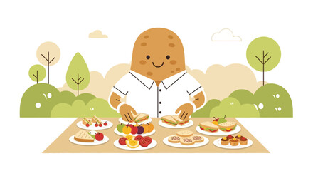 Whimsical Potato Person Presenting Colorful Food Display On A Picnic Table