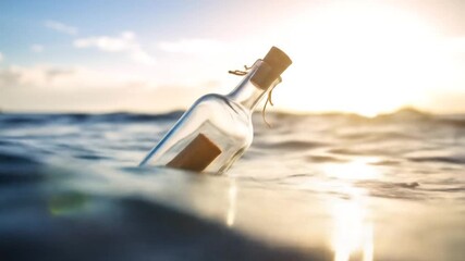 Message in a Bottle Floating on Ocean Waves with Golden Sunset, and Adventure Concept.