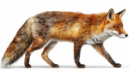 Obraz premium Red fox strides right, facing forward, long tail and orange-brown fur