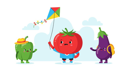 Naklejka premium Whimsical Vegetable Friends Enjoying Kite Flying and Sunny Day Activities Together Forever