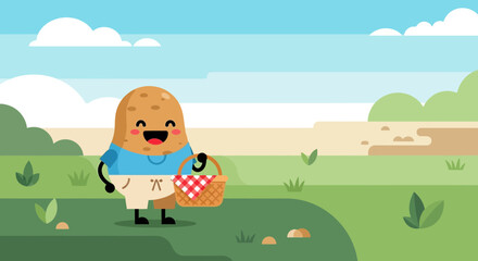 Cheerful Potato Character Smiles While Enjoying A Pleasant Outdoor Picnic Day