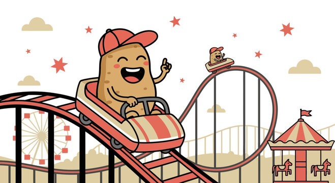 Cheerful Potato Character Riding Rollercoaster In An Amusement Park Setting