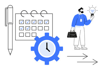 Male office worker holding a glowing lightbulb next to calendar, pen, gear with clock, and arrows. Ideal for productivity, planning, time management, innovation ideas goals systems. Simple flat