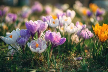 Colorful crocus flowers bloom in the spring lawn