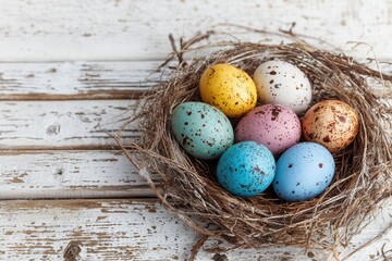Colorful eggs in a nest on a light wooden surface