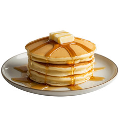 Golden pancakes stacked high with melting butter and syrup isolated on a transparent background