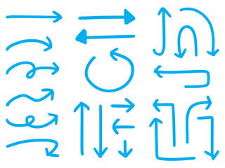 回転やカーブなど手書きの矢印のセット(青)
