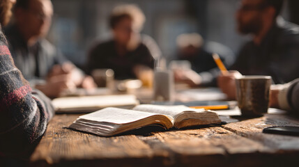A group of friends actively discusses their thoughtsand insights while surrouned by open Bibles and noteooks on a wooden table durng a study session