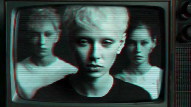 trio of 3 people stare at the camera towards audience vintage television screen distortion monochrome black and white retro tv thriller mysterious grunge distressed