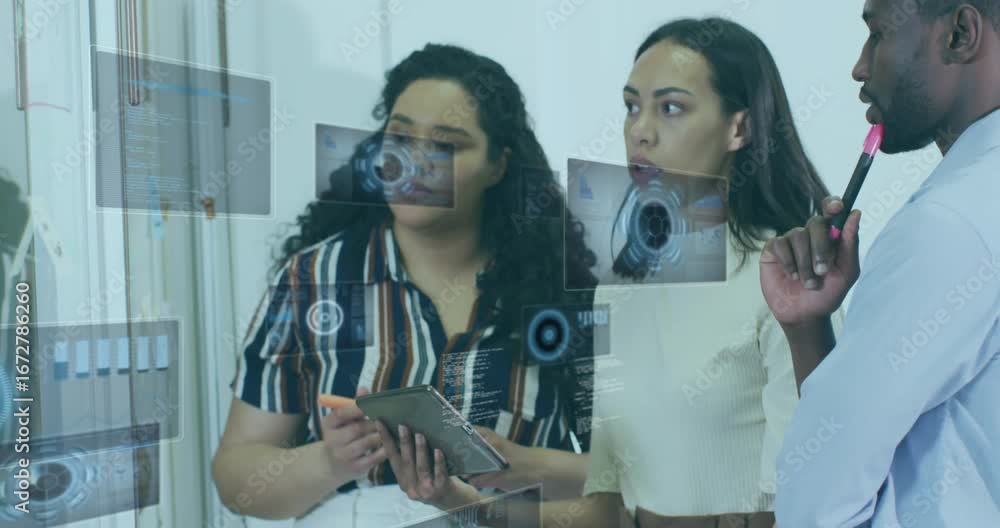 Aufkleber curly-haired woman tapping tablet showing data on glass wall, team pointing code finalizing tech ui