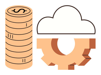 Coin stack, cloud, gear connected to depict financial technology, cloud services, economy, operations, and systems. Ideal for innovation, automation fintech economy startups investment