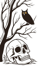 Fototapeta premium Halloween Owl and Skull Silhouette with Glowing Eyes Mobile Wallpaper Size 